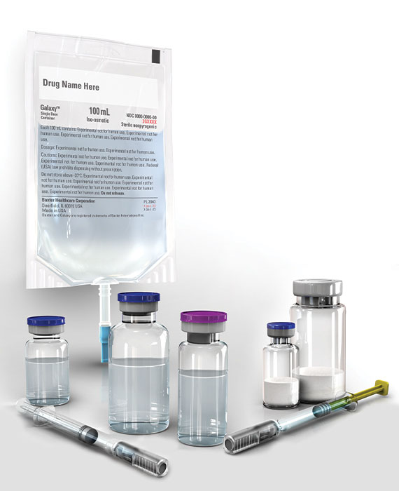 Products in prefilled syringes, vials, and flexible closed-system containers.