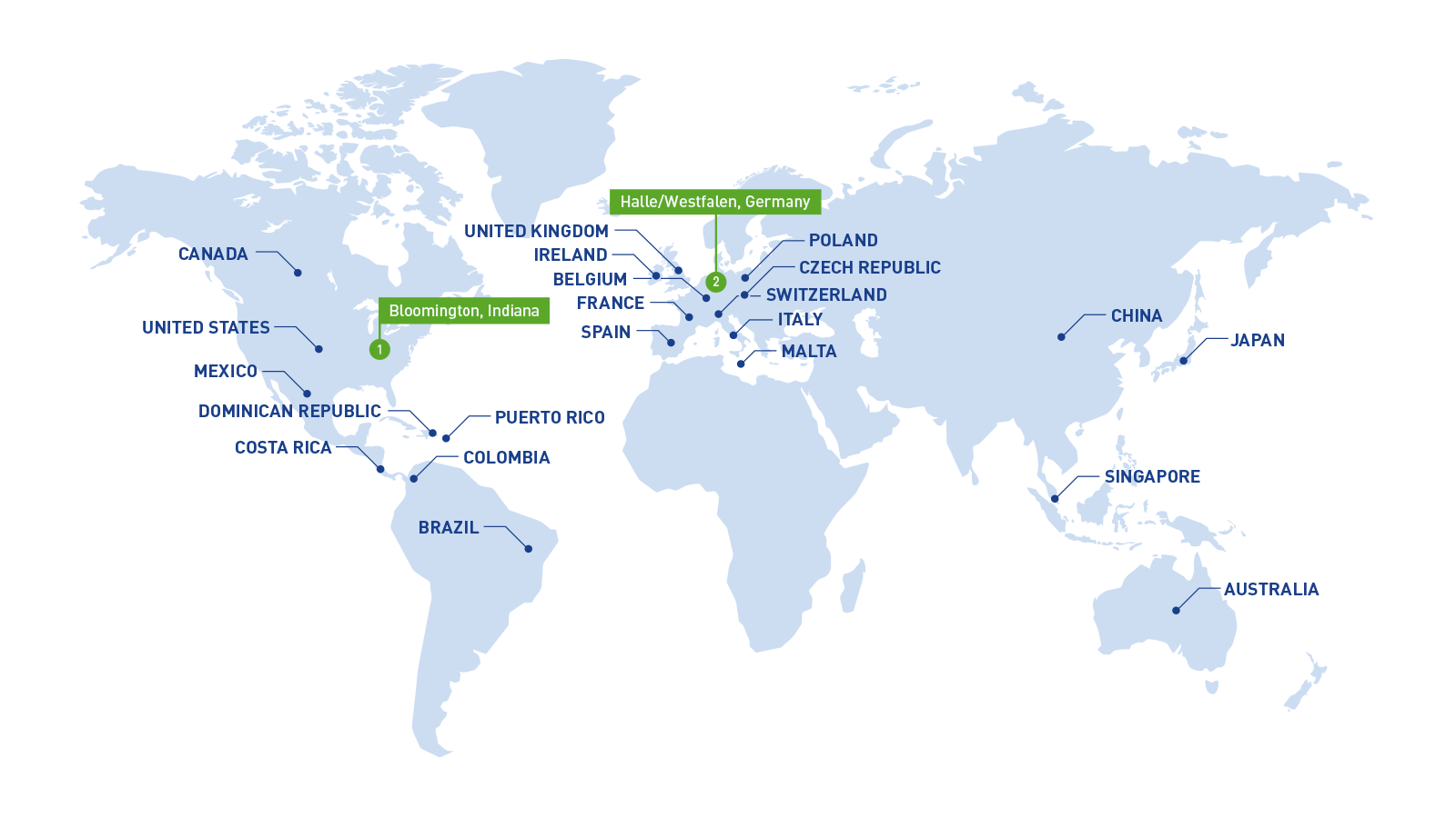 worldwide map highlighting the two BPS facilities
