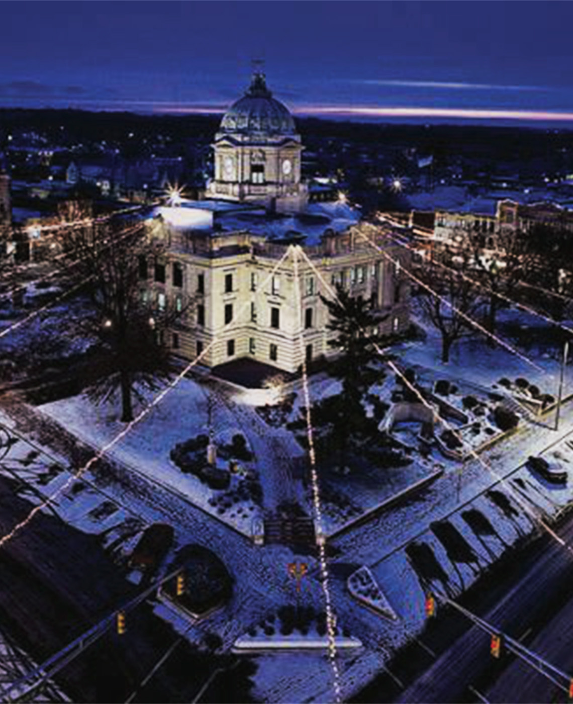 Aerial view of Bloomington Indiana courthouse at nighttime