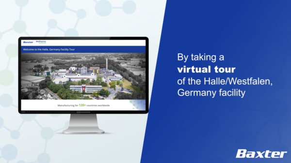 computer mock with the copy "By taking a virtual tour of the Halle/westfalen germany facility" next to it