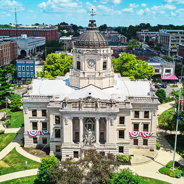 Aerial view of Bloomington Indiana courthouse during the day